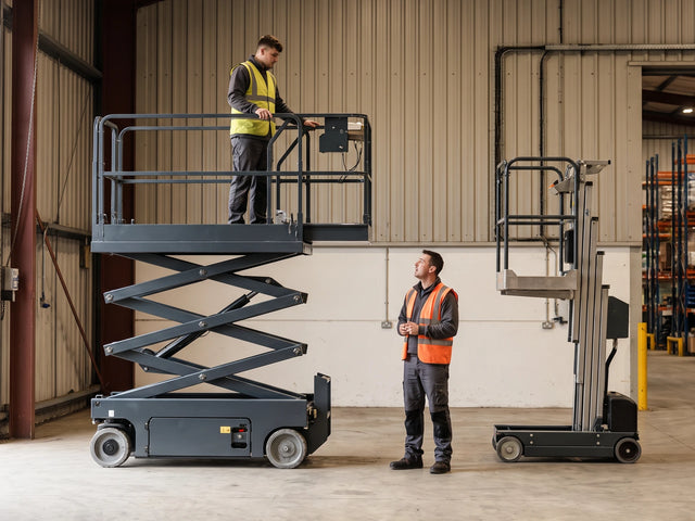 A learner on a scissor lift platform beside a vertical personnel lift, with an instructor on the floor