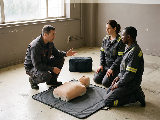 An instructor and two learners kneeling beside a first aid training manikin