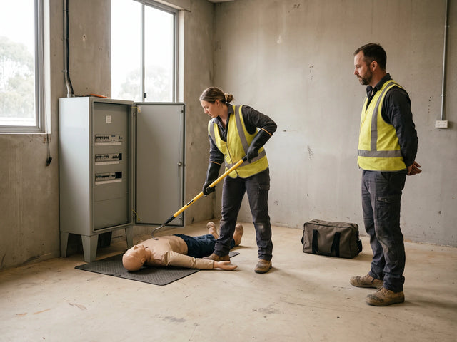 A learner in insulating gloves using an insulated rescue crook beside a training switchboard