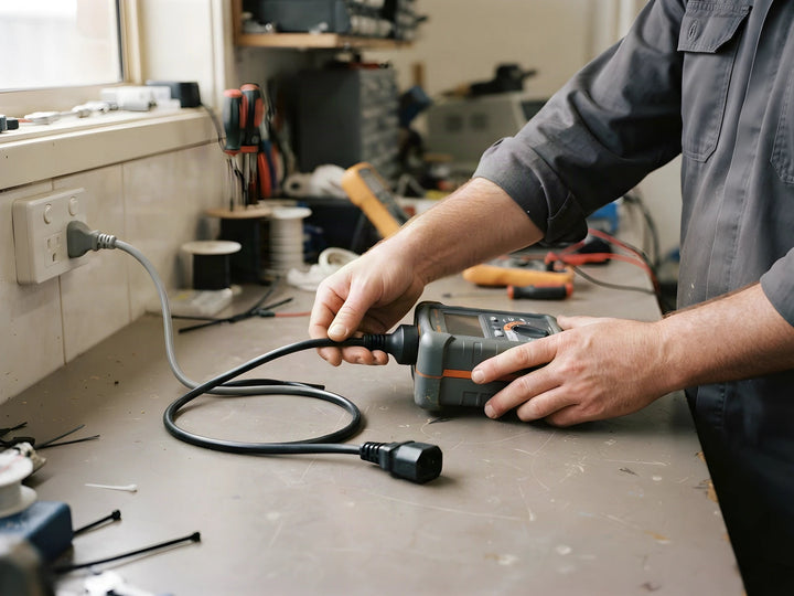 Power leads being tested and tagged on a workbench