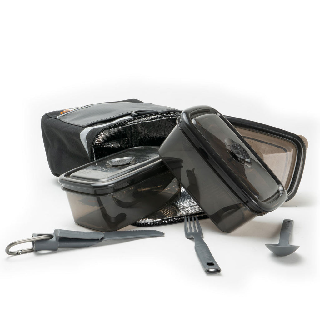 Rugged Xtremes 1100 REUSABLE STARTER CRIB KIT 1 x Insulated Crib Tote 3 x 1100ml Black Crib Containers 1 x Composite Cutlery Set Recyclable & compostable packaging