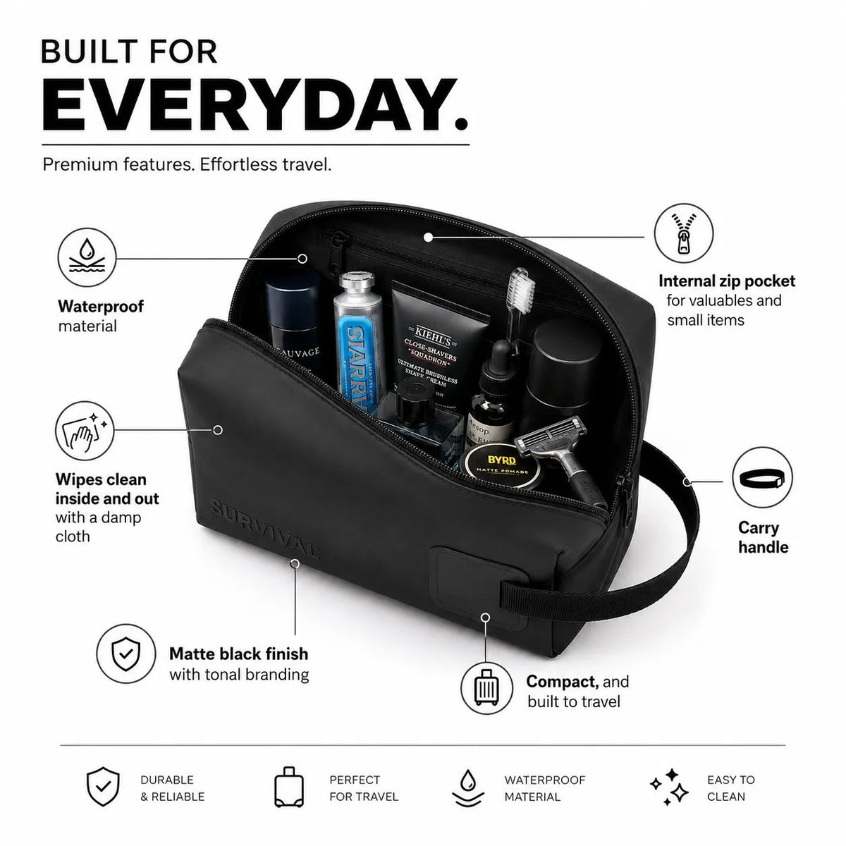 Matte Black Toiletry Bag | Travel and Site Stays | Survival, view 3
