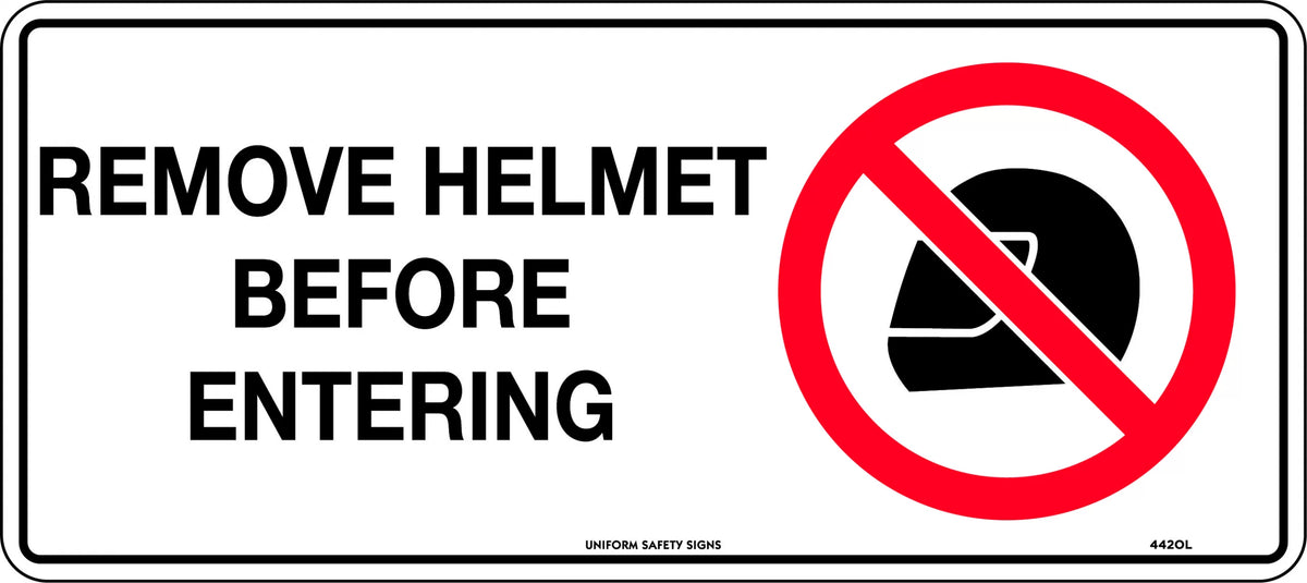 450x200mm Helmet Prohibition Sign | Site Entry | Uniform Safety Signs