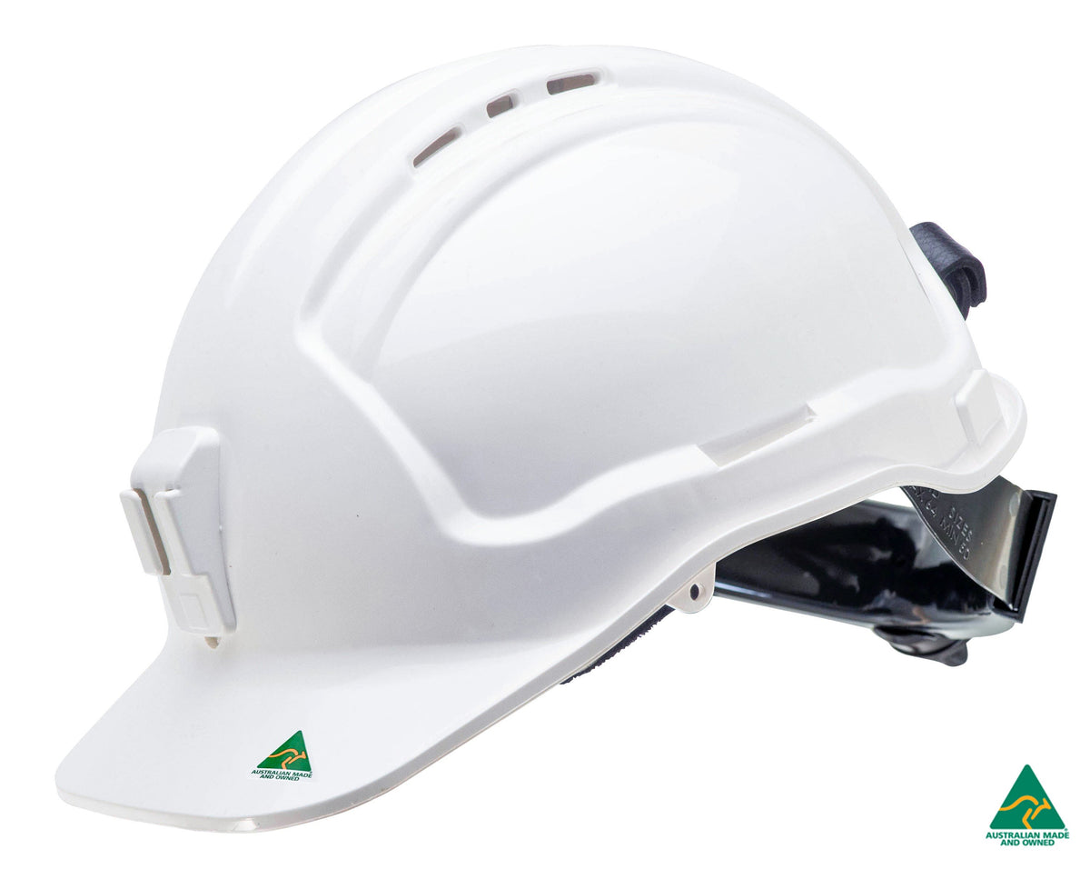 Vented Safety Helmet with Ratchet Harness
