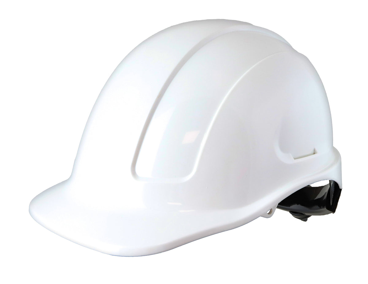 White Unvented Hard Hat with Ratchet Harness