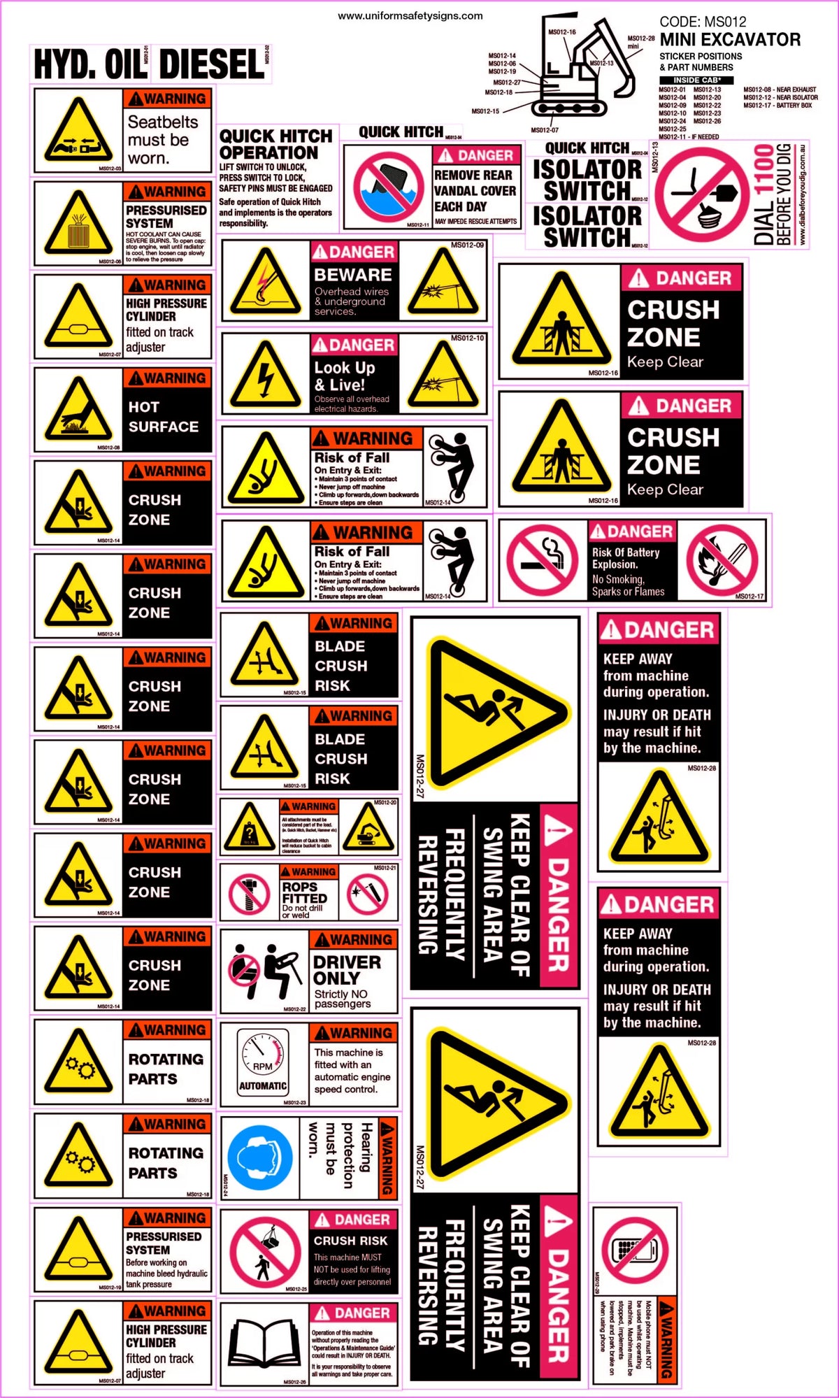 35 Decal Mini Excavator Sticker Set | Plant Maintenance | Uniform Safety Signs
