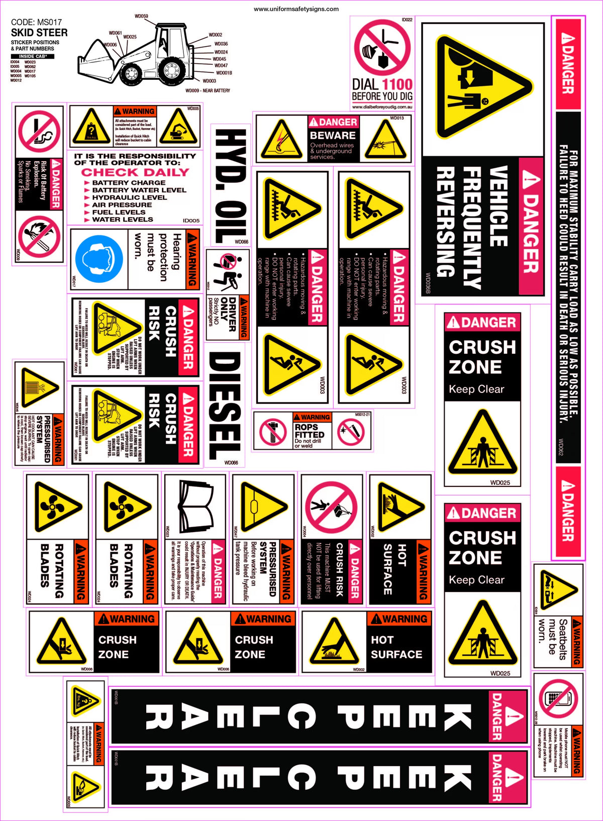 30 Decal Skid Steer Sticker Set | Plant Maintenance | Uniform Safety Signs