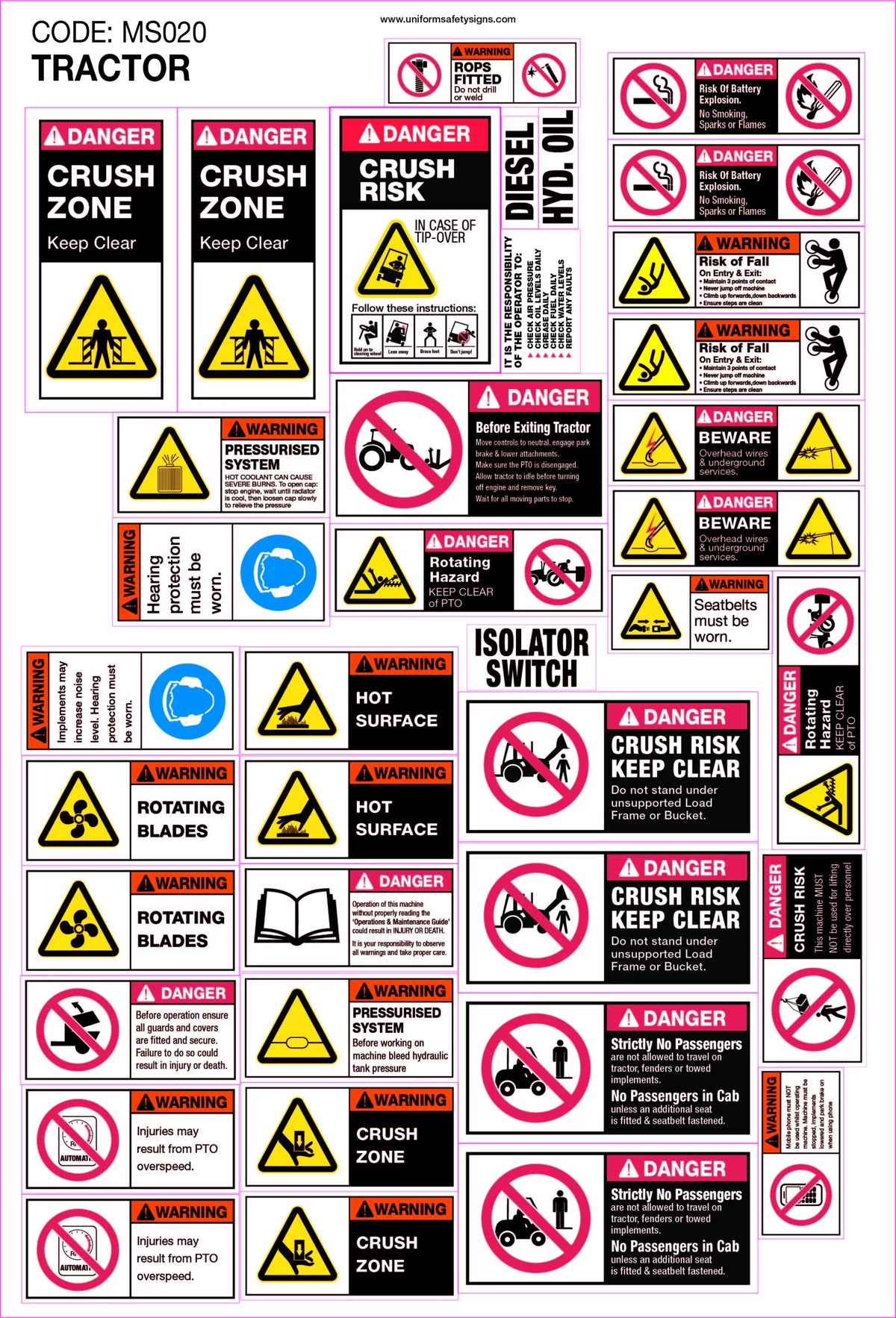36 Decal Tractor Sticker Set | Agricultural Machinery | Uniform Safety Signs