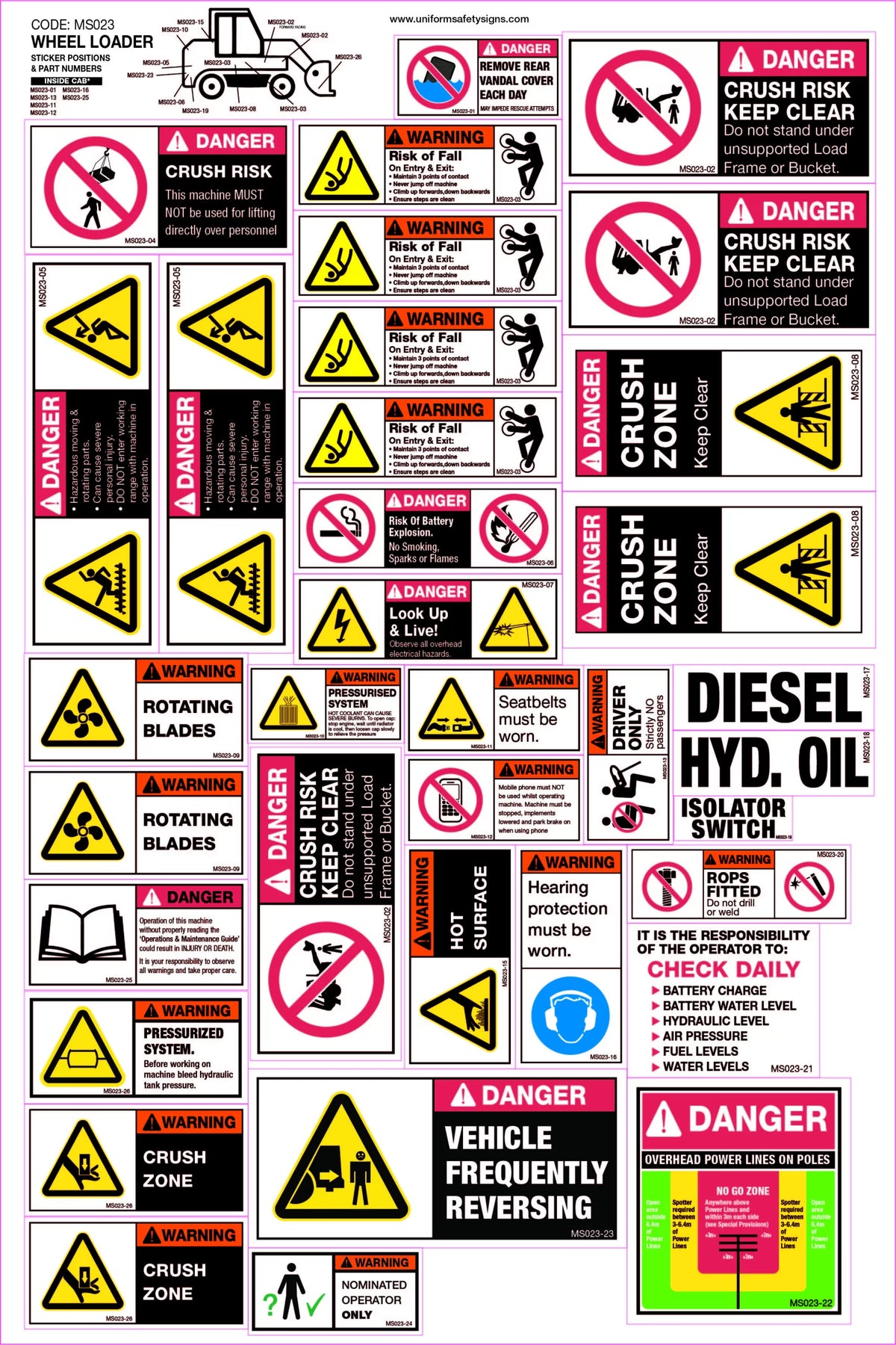 32 Decal Wheel Loader Sticker Set | Heavy Plant | Uniform Safety Signs