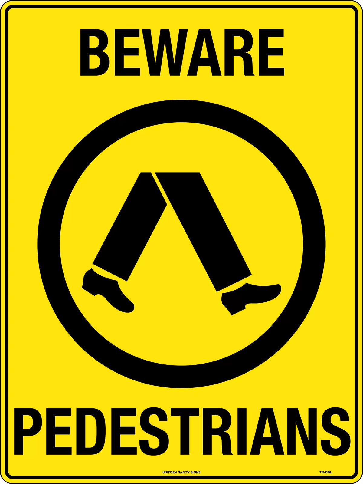 600x400mm Beware Pedestrians Sign | Industrial Sites | Uniform Safety Signs