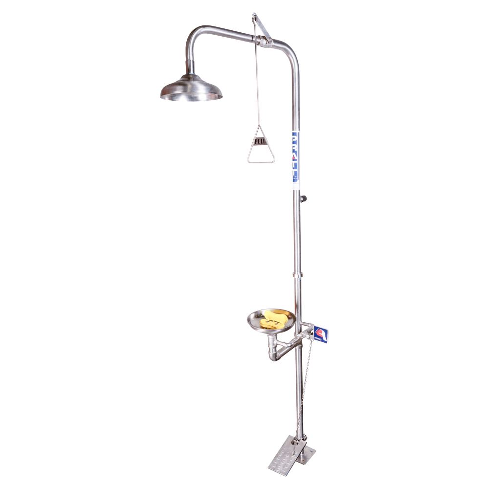 Combination 316SS Shower With Eye & Face Wash Bowl & Foot Treadle - Emergency Showers & Eyewash