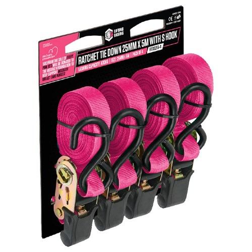 Pink Ratchet Tie Down with S Hook 4 Pack - Lifting