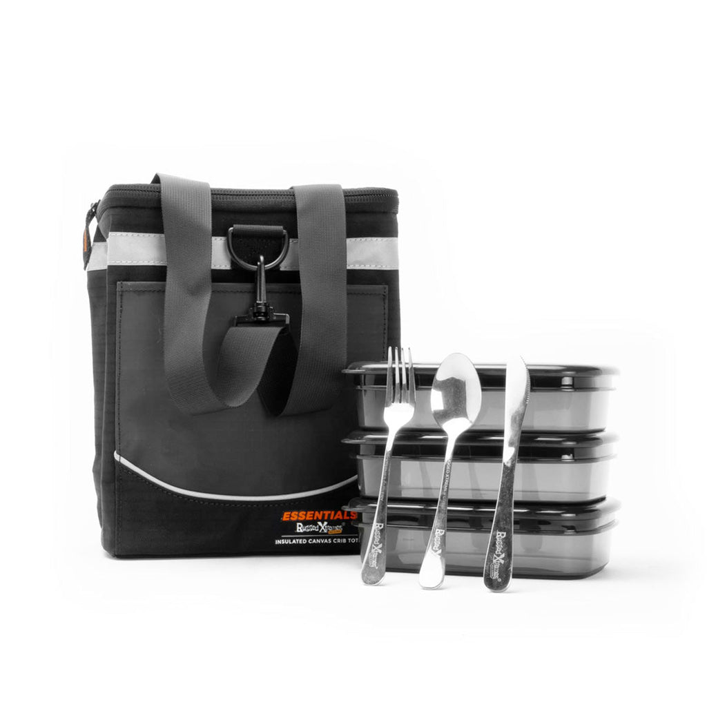 Rugged Xtremes 650 REUSABLE STARTER CRIB KIT 1 x Insulated Crib Tote 3 x 650ml Black Crib Containers 1 x 3pc Stainless cutlery set Recyclable & compostable packaging