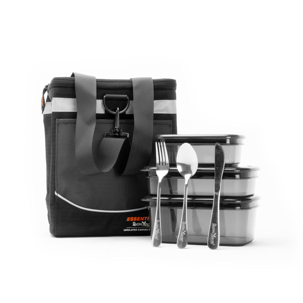 Rugged Xtremes ASST REUSABLE STARTER CRIB KIT 1 x Insulated Crib Tote 1 x 1100ml, 1 x 650ml, 1 x 350ml Black Crib Containers 1 x 3pc Stainless cutlery set Recyclable & compostable packaging