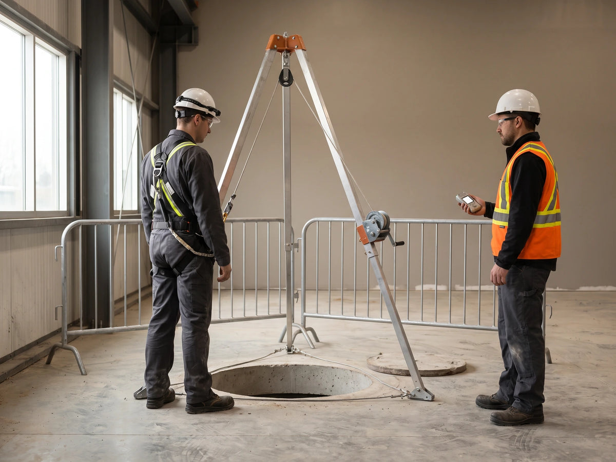 A rescue tripod over a confined space opening with an entrant in a harness and a standby person