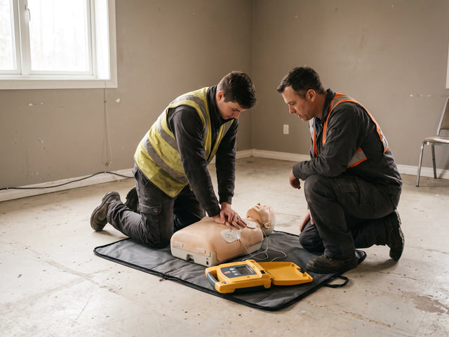 A learner practising chest compressions on a CPR training manikin with an AED trainer beside it