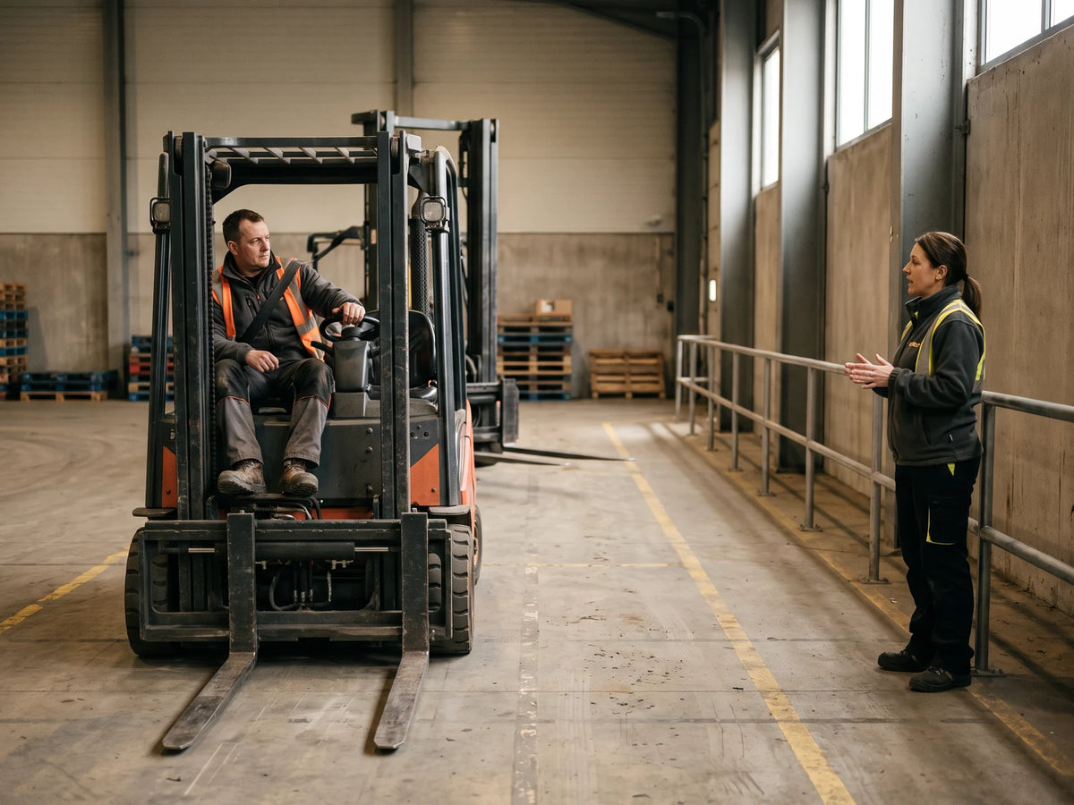 A learner seated on a parked forklift while an instructor speaks from a separate pedestrian walkway