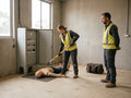 A learner in insulating gloves using an insulated rescue crook beside a training switchboard