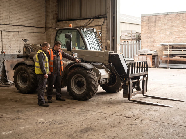 An instructor and a learner beside a parked telehandler with pallet forks resting on the ground