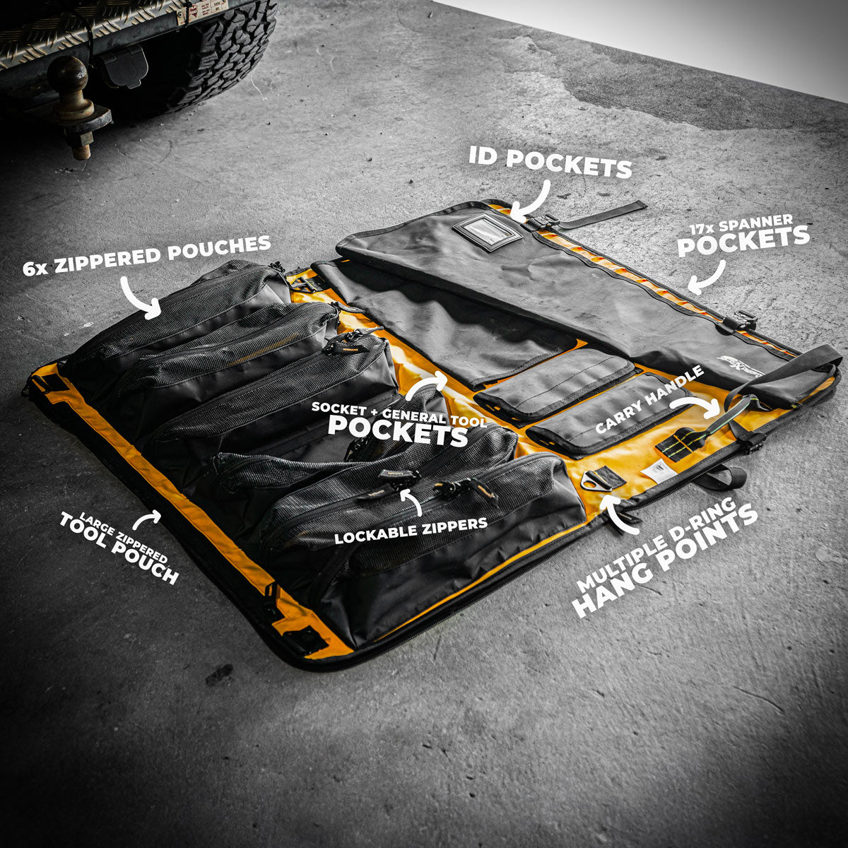 Rugged Xtremes "THE WORKSHOP" TOOL ROLL PVC 880 x 780mm (OPEN) BLACK WITH YELLOW POCKETS 3.08kg