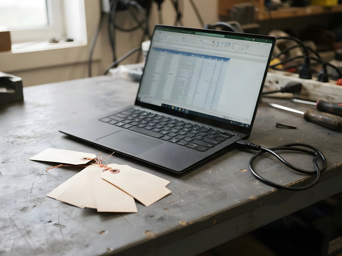 A laptop displaying a spreadsheet beside equipment tags
