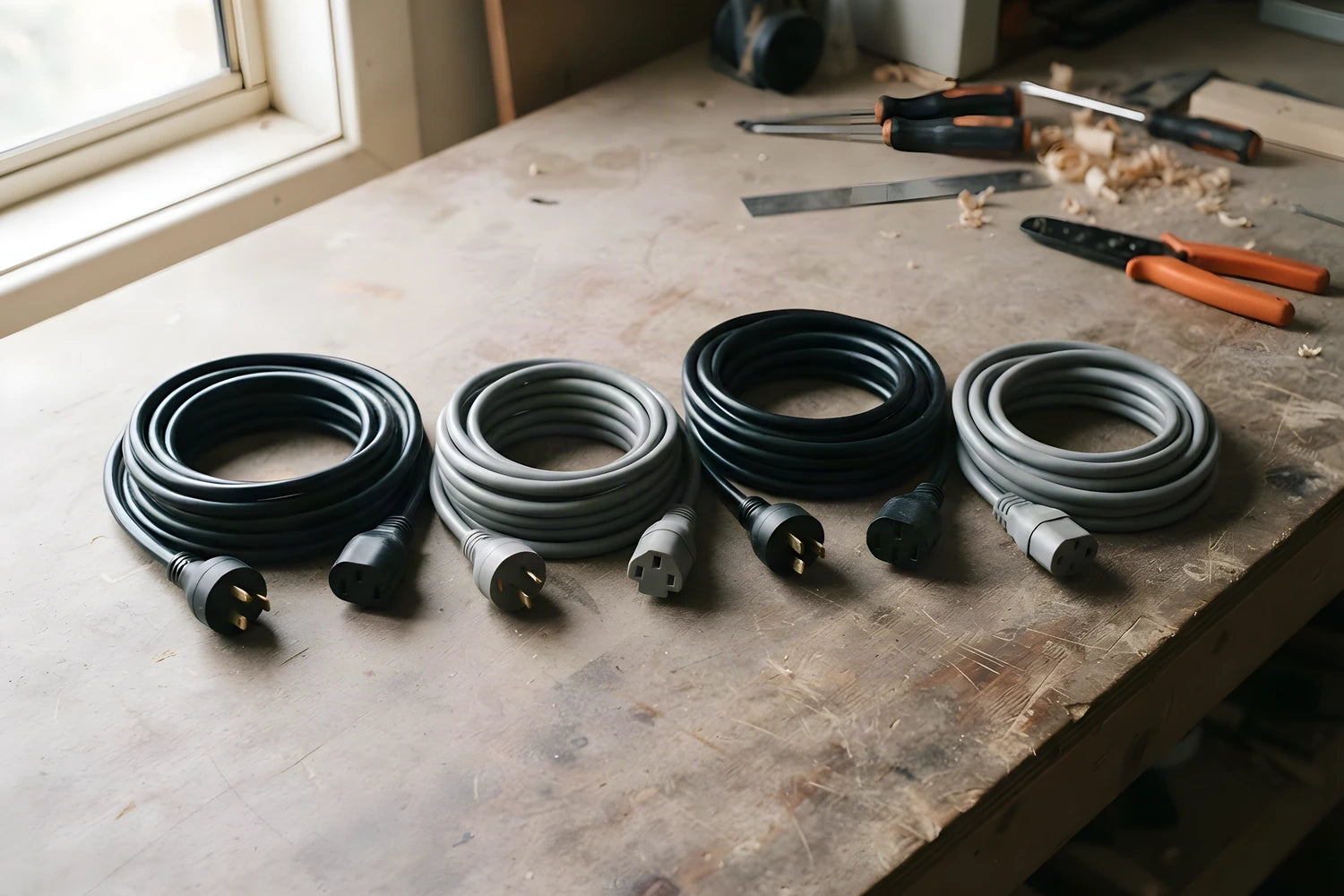 Coiled electrical power leads laid out on a workbench