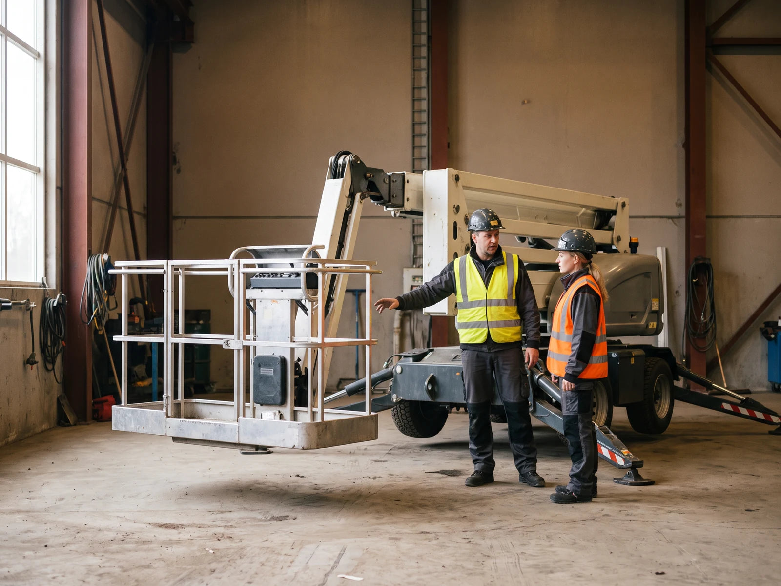 Two adults beside a lowered articulated boom lift in an indoor training area