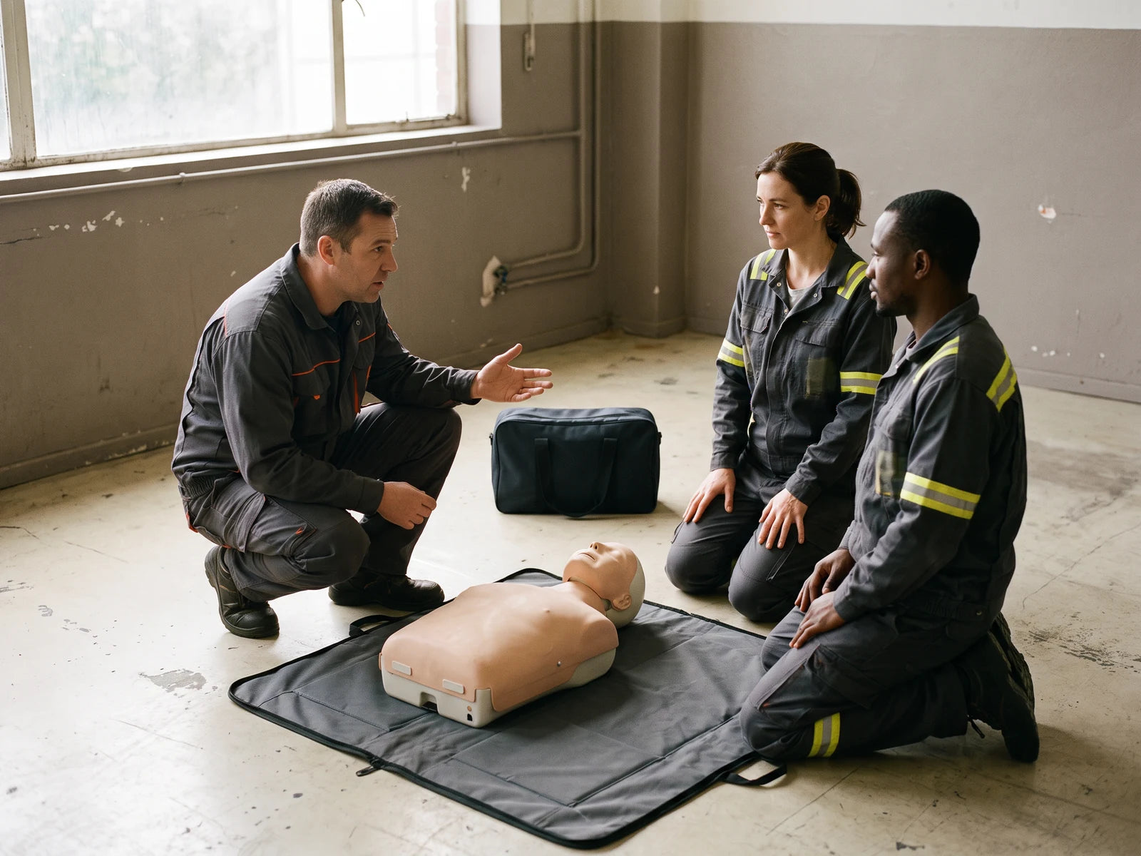 An instructor and two learners beside a first aid training manikin