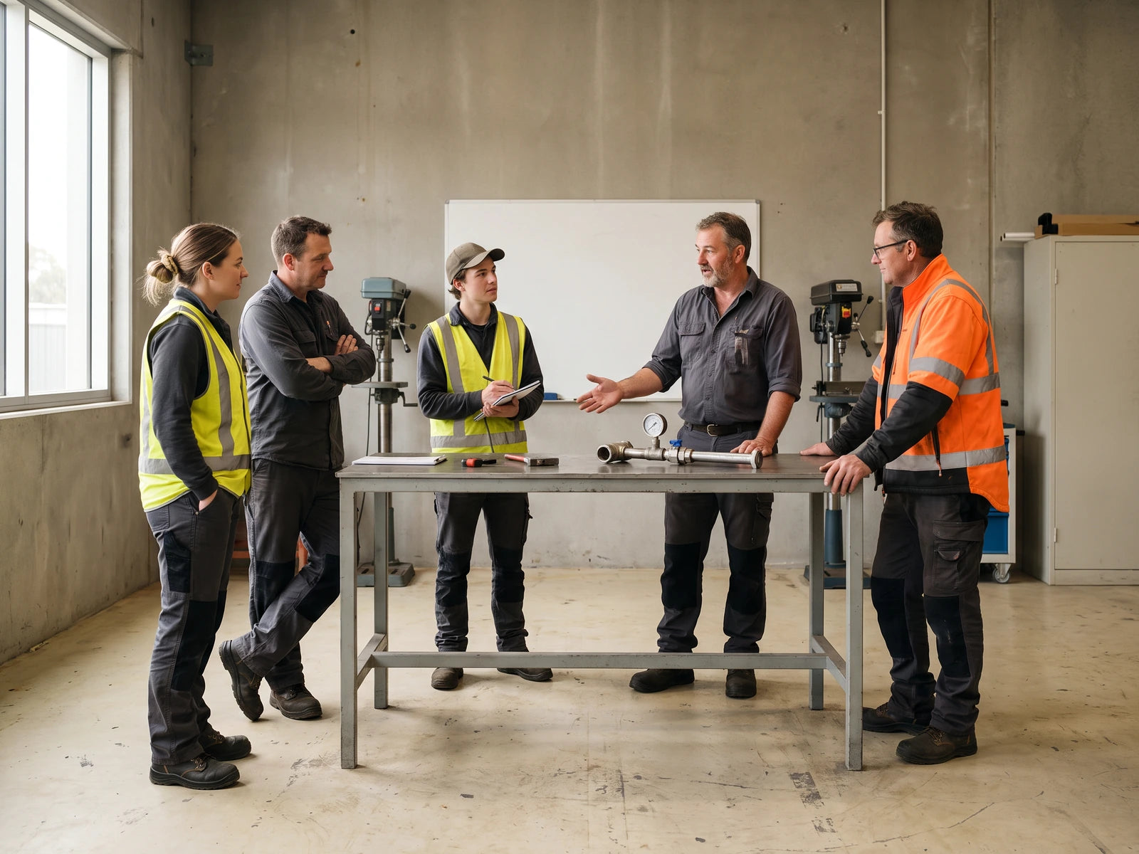 Five adults gathered around a workbench during a workplace training discussion