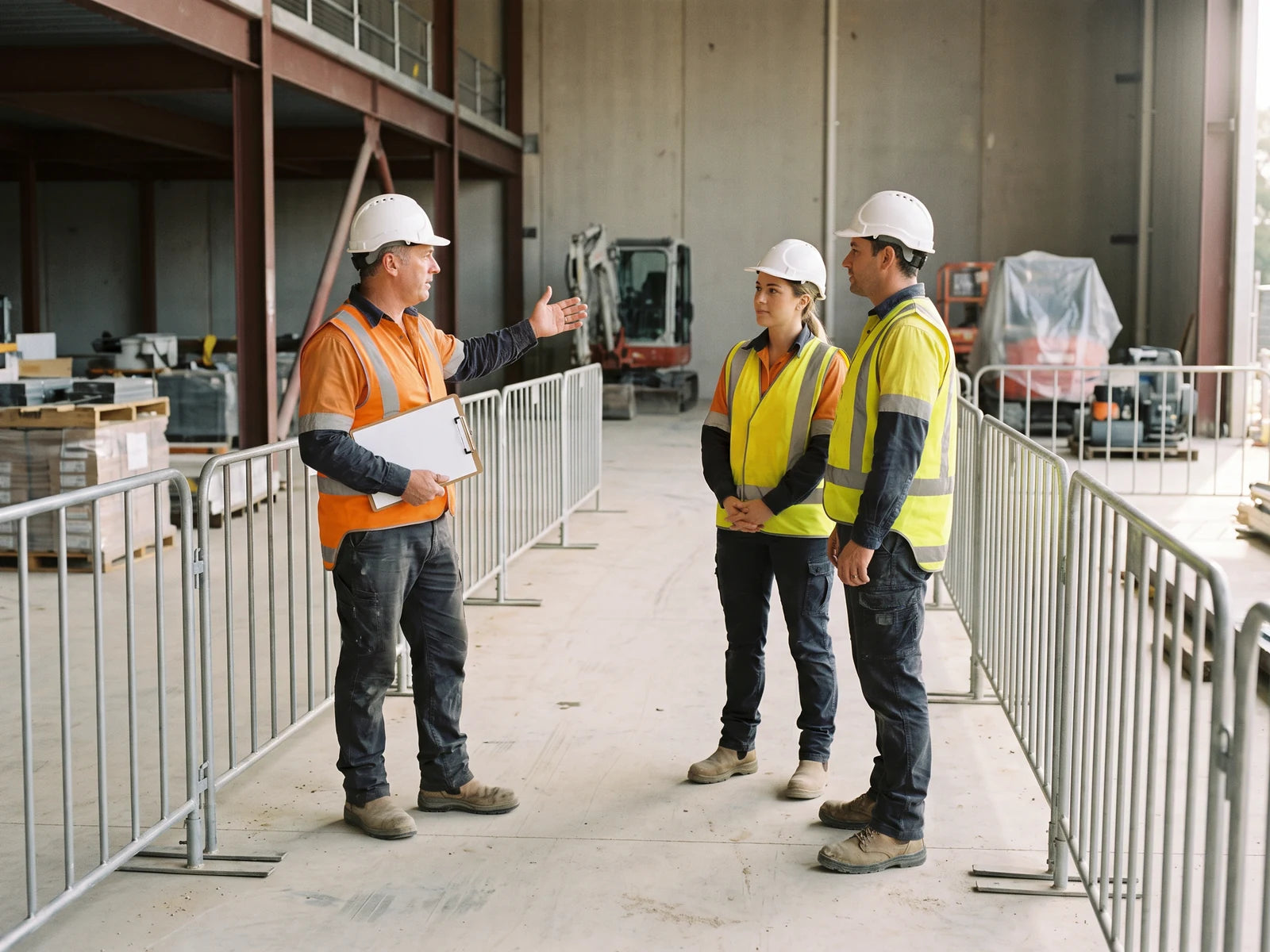 Three adults in hard hats taking part in a briefing on a separated construction-site walkway