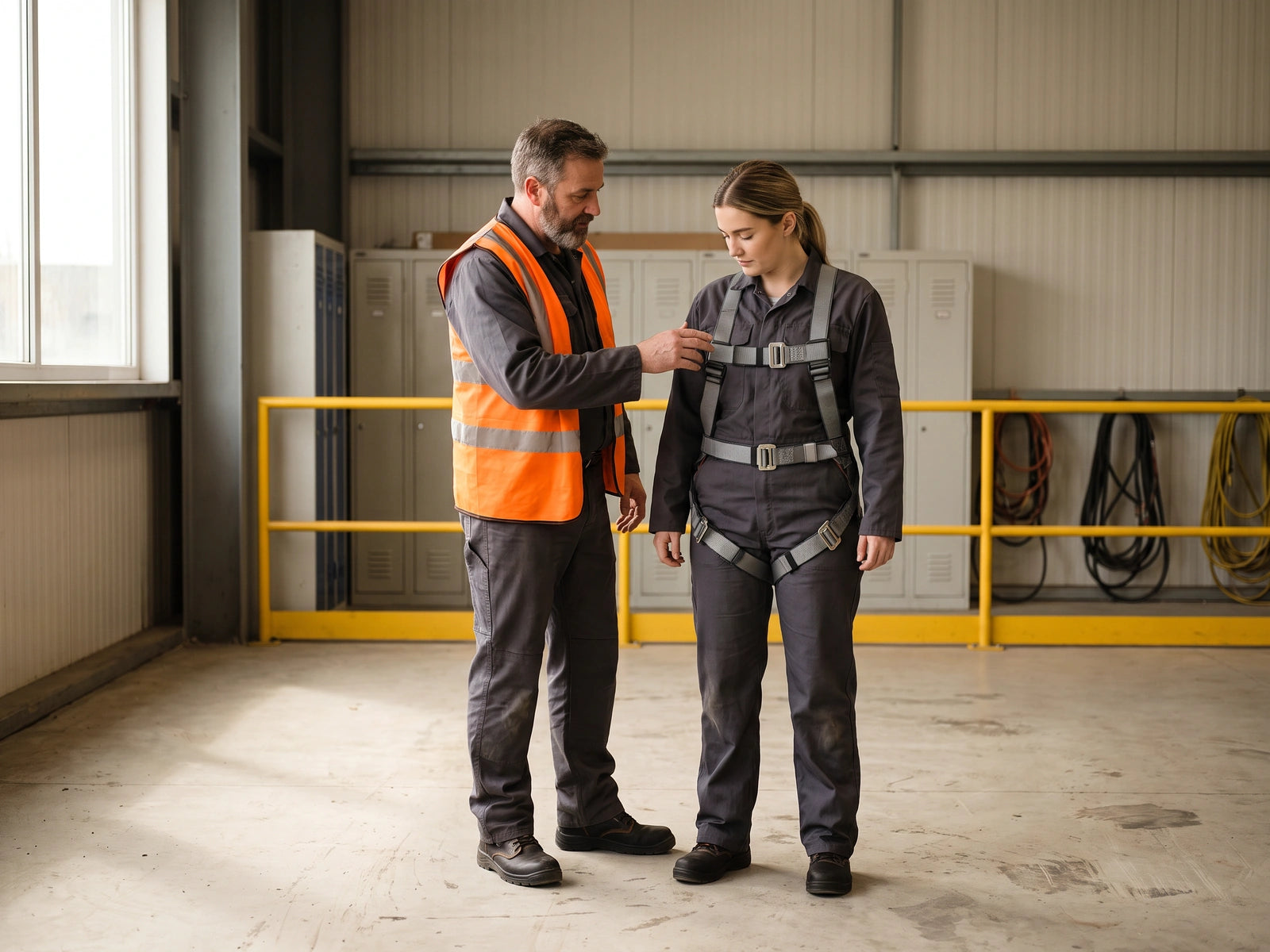 Two adults checking the fit of a safety harness at ground level